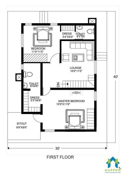 Floor Plan For 30 X 40 Feet Plot 3 Bhk 1200 Square Feet134 Sq Yards