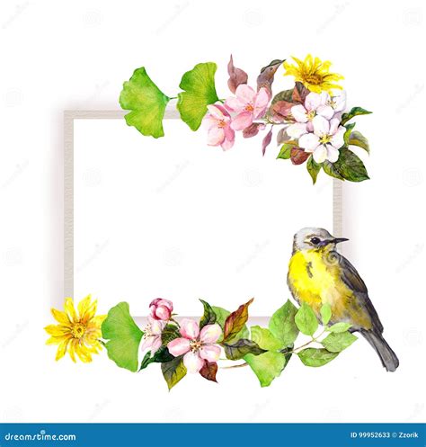 Vintage Floral Border Flowers And Bird Watercolor Frame Stock