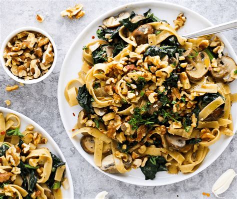 Creamy Vegan Pasta Mushroom Kale Walnut Noodles Recipe