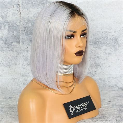 Lace Front Wig Gray Hair Dark Roots Bob Cut SKU CLFW Indian Remy Hair Inches Silky