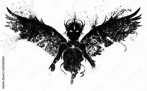 the black silhouette of a beautiful angel woman floating in the air on huge black wings with a