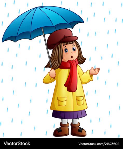 Cartoon Girl With Umbrella Standing Under The Rain