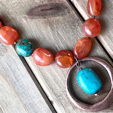 Chunky Carnelian And Turquoise Necklace Asymmetric Necklace Etsy