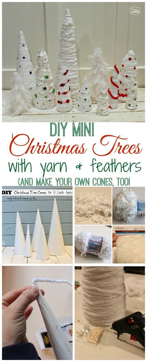 Easy Thrifty Diy Mini Christmas Trees With Yarn And Feathers The