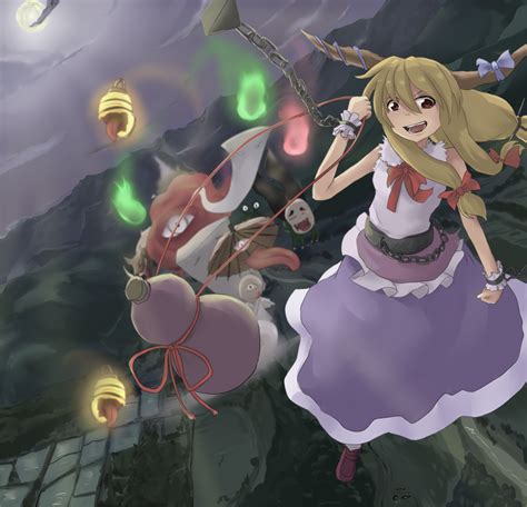 Safebooru Blonde Hair Chain Chains Flying Gourd Horns Ibuki Suika Karakasa Karakasa Obake Long