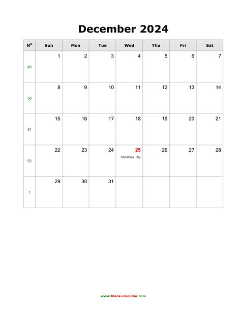 Download December 2024 Blank Calendar With Us Holidays Vertical