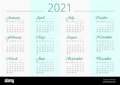 2021 Plantilla De Calendario 12 Meses Inglés Diseño Horizontal