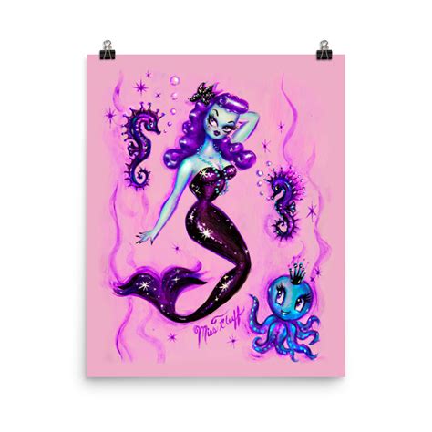 Purple Mermaid With Octopus And Sea Horses• Art Print Miss Fluffs