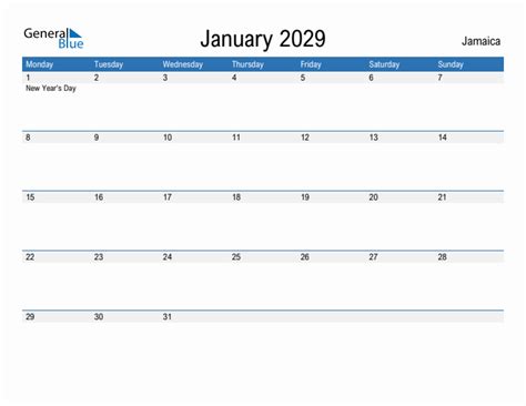 Editable January 2029 Calendar With Jamaica Holidays