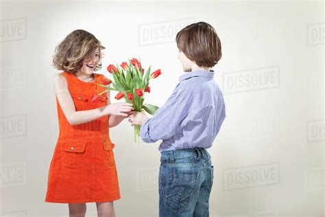 Boy Giving Flowers To Girl Stock Photo Dissolve