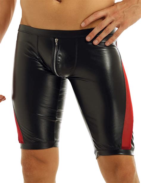 Freebily Mens Faux Leather Wetlook Underwear Zipper Crotch Mesh Splice Work Out Trunk Shorts