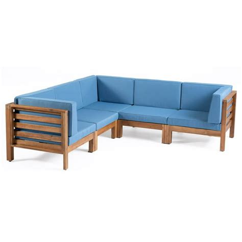 5 Pc Outdoor V Shaped Sectional Sofa Set In Teak And Blue