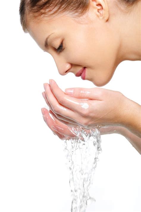 Female Washing Her Face With Water Stock Image Image Of Bathroom