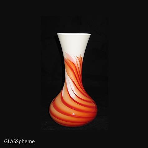 Big Midcentury Italian Empoli White Atomic Orange Swirl Cased Glass Vase