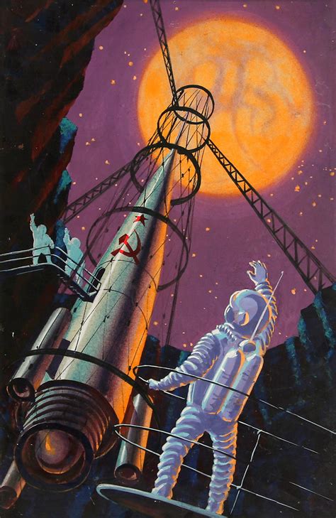 Vintage Soviet Postcard Over The Moon Ussr Russian Sci Fi Illustration