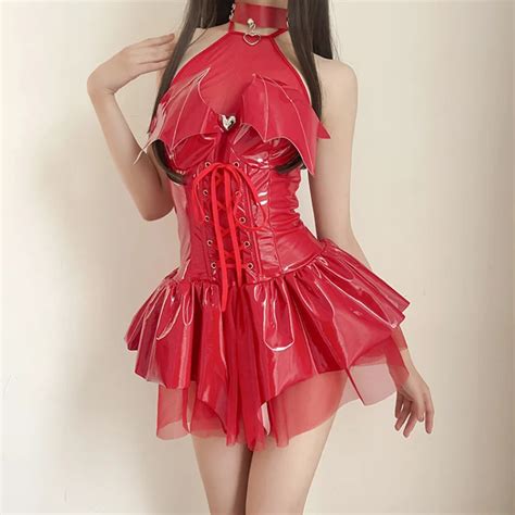 New Sexy Pu Leather Cosplay Dresses Bat Devil Hollow Out Wet Look Pvc