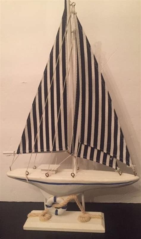 Coastal Wooden Sailboat Decor Vintage Teal And White Etsy Sailboat