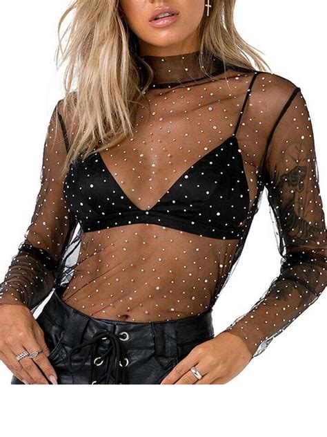 Eyicmarn Womens Long Sleeve Lace Mesh Sheer See Through Party Club Tops Blouse