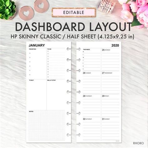 Editable Dashboard Layout Skinny Classic Happy Planner Printable Insert