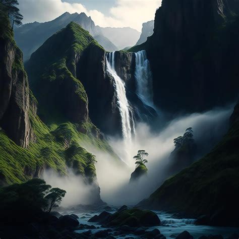 Premium Ai Image Tall Mountain With A Majestic Waterfall
