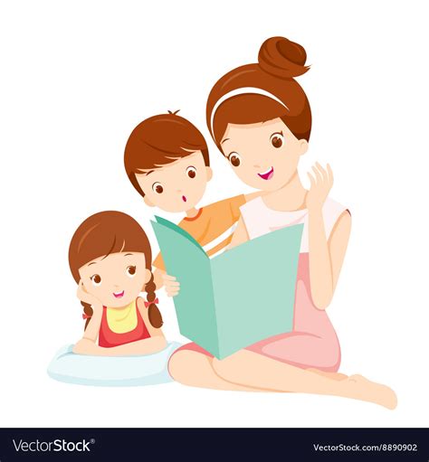 Mother Reading Tale Book To Daughter And Son Vector Image