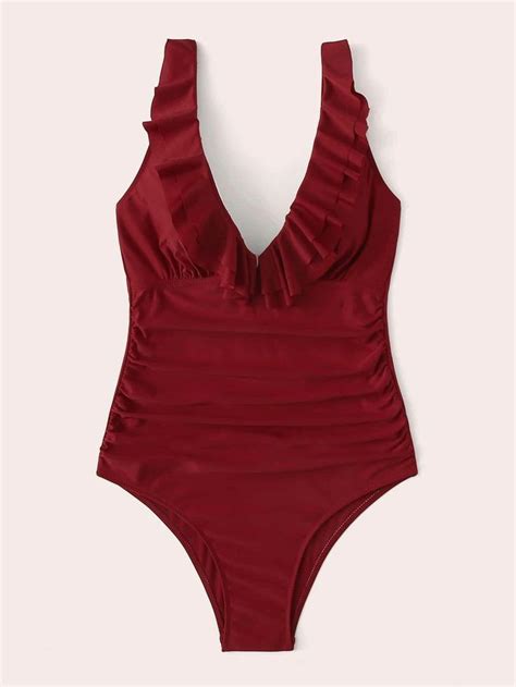 Burgundy Red Ruffle Plunge Neck Ruched One Piece Swimsuit Bikini One