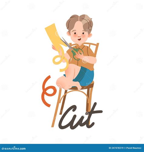 Little Boy Sitting On Chair And Cutting With Scissors As Verb