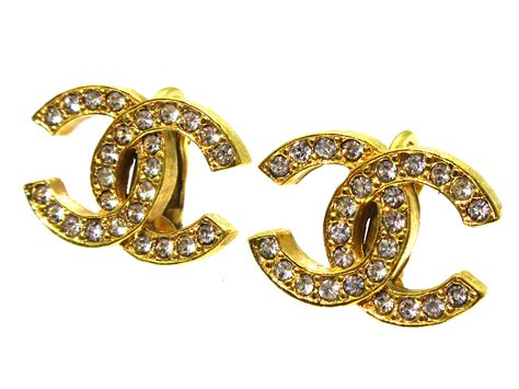 Authentic Chanel Vintage Cc Logos Rhinestone Earrings Clip On Gold