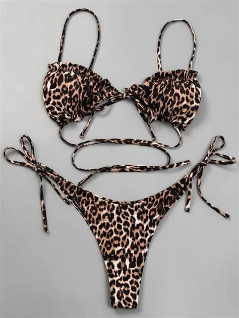 Leopard Triangle Tie Bikini Swimsuit Shein
