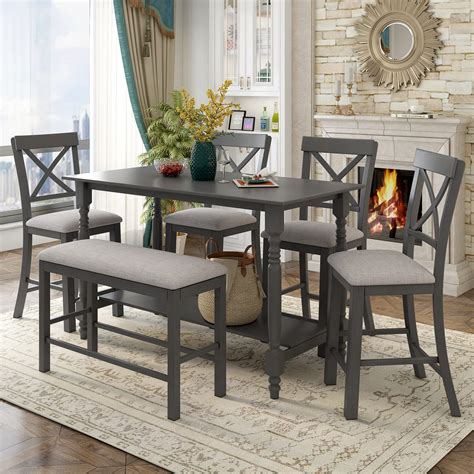 Buy 6 Pieces Counter Height Dining Table Set Wood Rectangle Table With