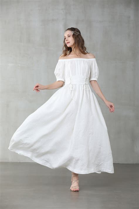 White Maxi Linen Dress Corset Off Shoulder Dress Maxi Etsy