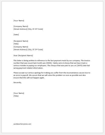 If your employee is typically set to pay through direct deposit, you can choose to pay them with a check instead for a particular payroll. HR Payroll Error Apology Letters to Employee | Word & Excel Templates