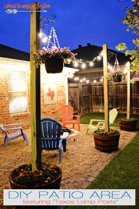 These string light poles were so easy and turned out looking great. DIY Patio Area with Texas Lamp Posts | Backyard area ...