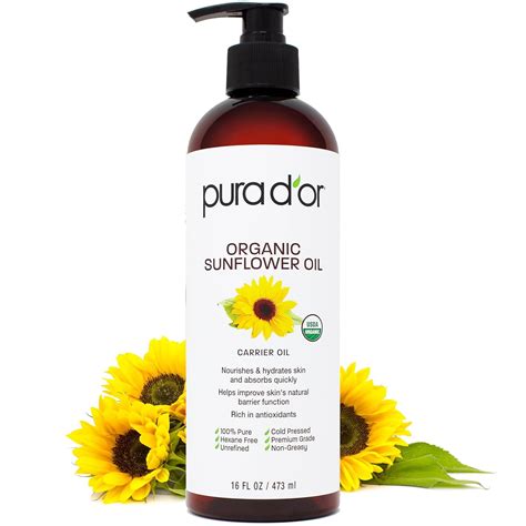 Pura Dor 16 Oz Organic Sunflower Seed Oil 100 Pure And Natural Usda Certified Cold Pressed