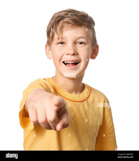 Happy Little Boy Pointing At Viewer On White Background Stock Photo Alamy