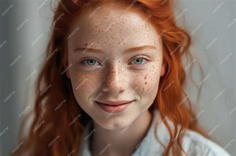 Premium Ai Image Portrait Of Happy Tender Ginger Girl With Blue Eyes