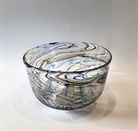 Hand Blown Glassglass Bowl Clear With Swirls Of Colorfruit Bowl