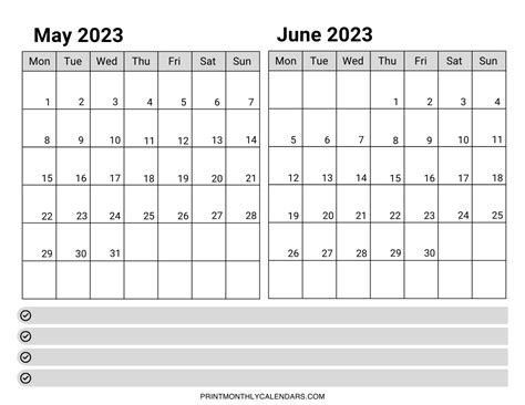 May June 2023 Calendar Template Free Printable Two Month Planners