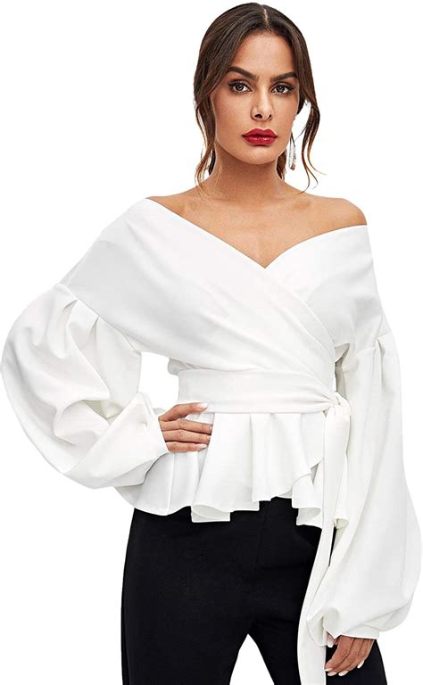 Shein Womens Long Sleeve V Neck Ruffle Blouse Off Shoulder Tie Waist