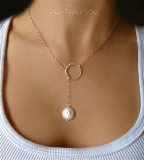 Modern Pearl Lariat Necklace With Freshwater Pearl Drop Sterling Silver 14k Gold Fill Or Rose