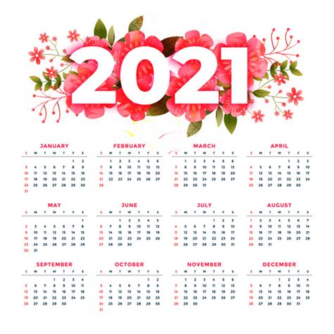 Red Flower 2021 Calendar Vector Free Download