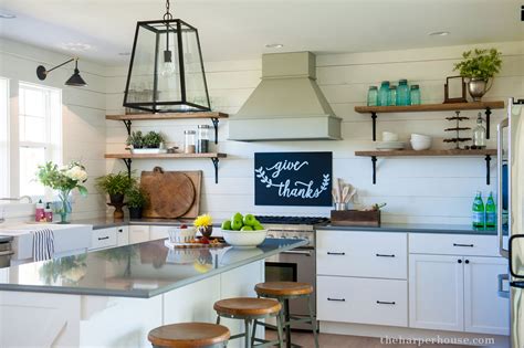 Replacing cabinets with open shelves is an easy and trending alternative for a kitchen with no upper cabinets. our farmhouse kitchen reveal | The Harper House