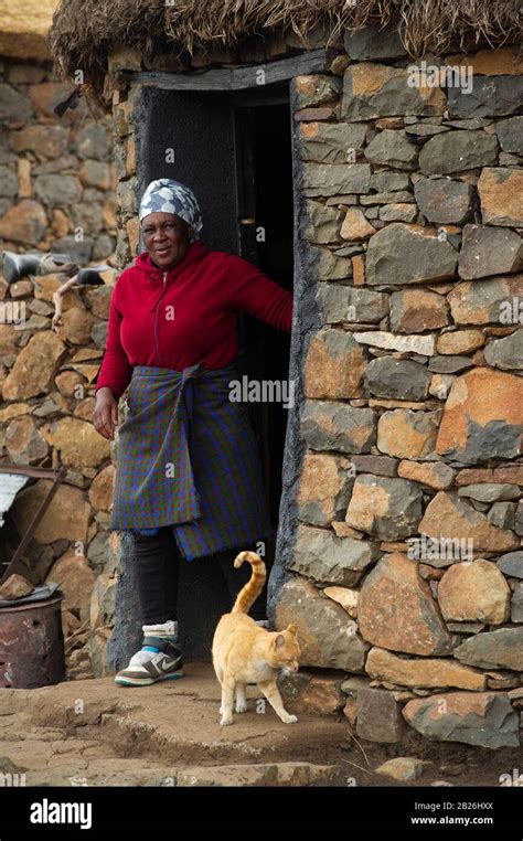 Woman At Hes Hut In A Basotho Village Sani Top Lesotho Stock Photo