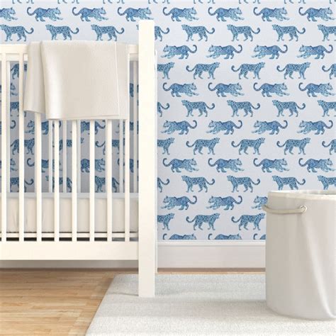 Leopards Wallpaper Leopard Parade Blue On White By Danika Etsy