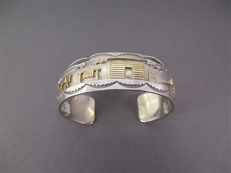 Silver Gold Overlay Storyteller Cuff Bracelet By Navajo Jewelry