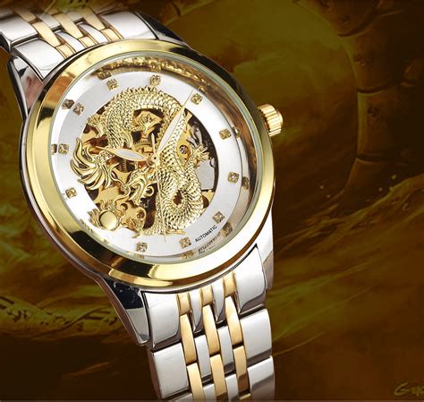 Skeleton Gold Mechanical Watch Men Automatic 3d Carved Dragon Steel