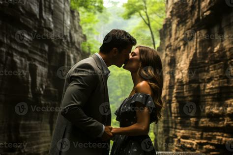 A Couple Kissing In Front Of A Waterfall The Waterfall Is A Symbol Of