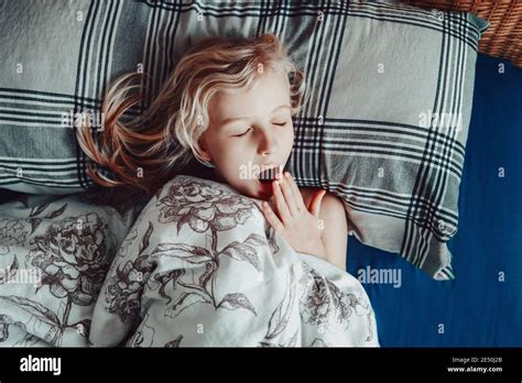 Cute Adorable Little Child Girl Sleeping Yawning In Bed At Home Sweet