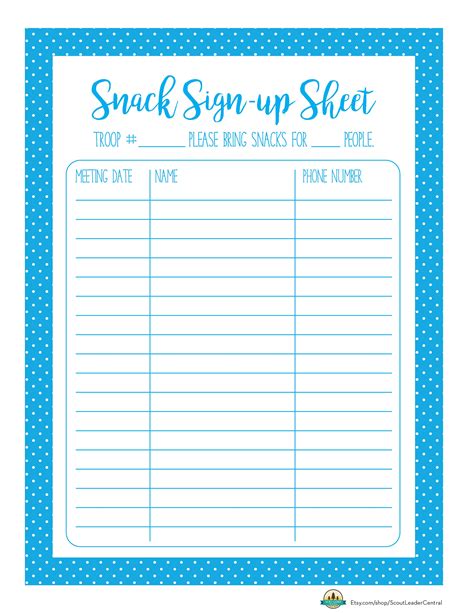 Snack Sign Up Sheet Template Free