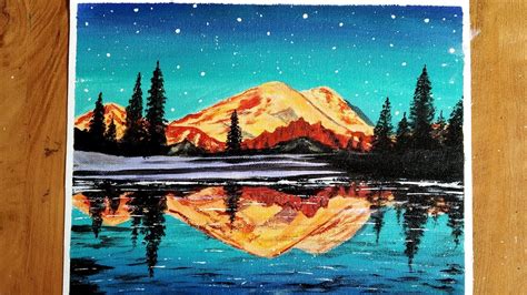 Golden Mountain Forest Lake Paintingeasy Acrylic Painting Step By Step
